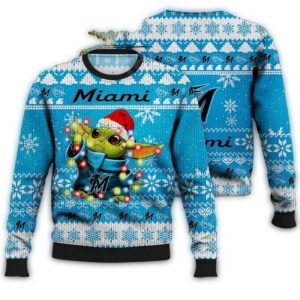 Festive Baby Yoda Miami Marlins Ugly Sweater For Kids