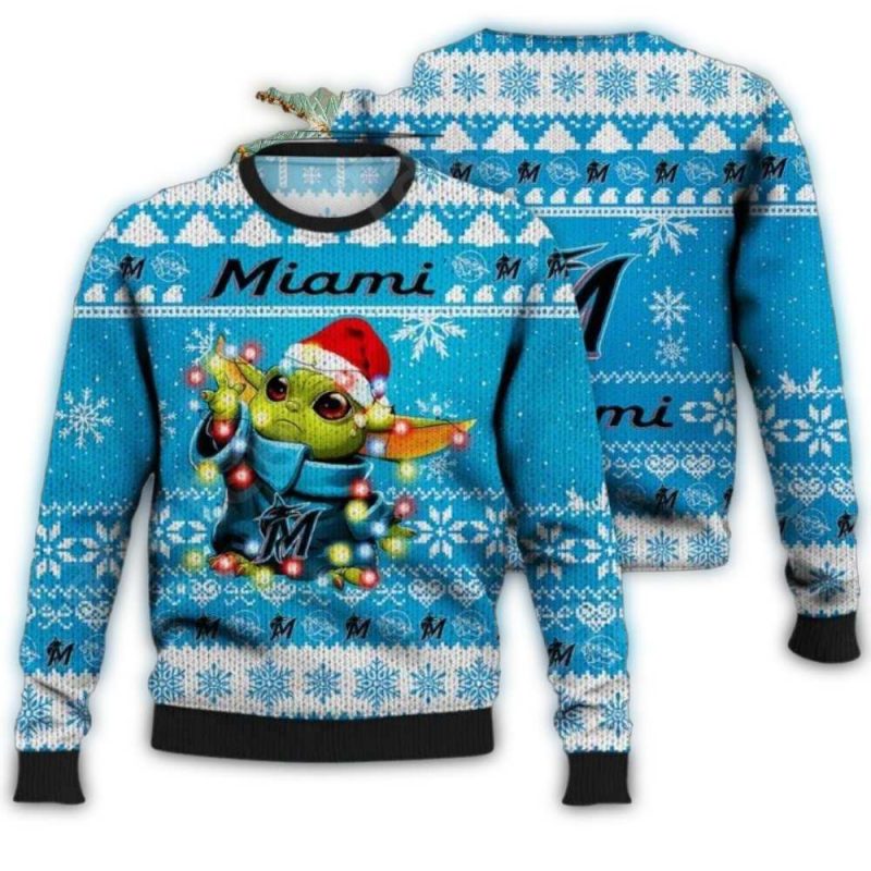 Miami Marlins Baby Yoda Festive Ugly Sweater 1