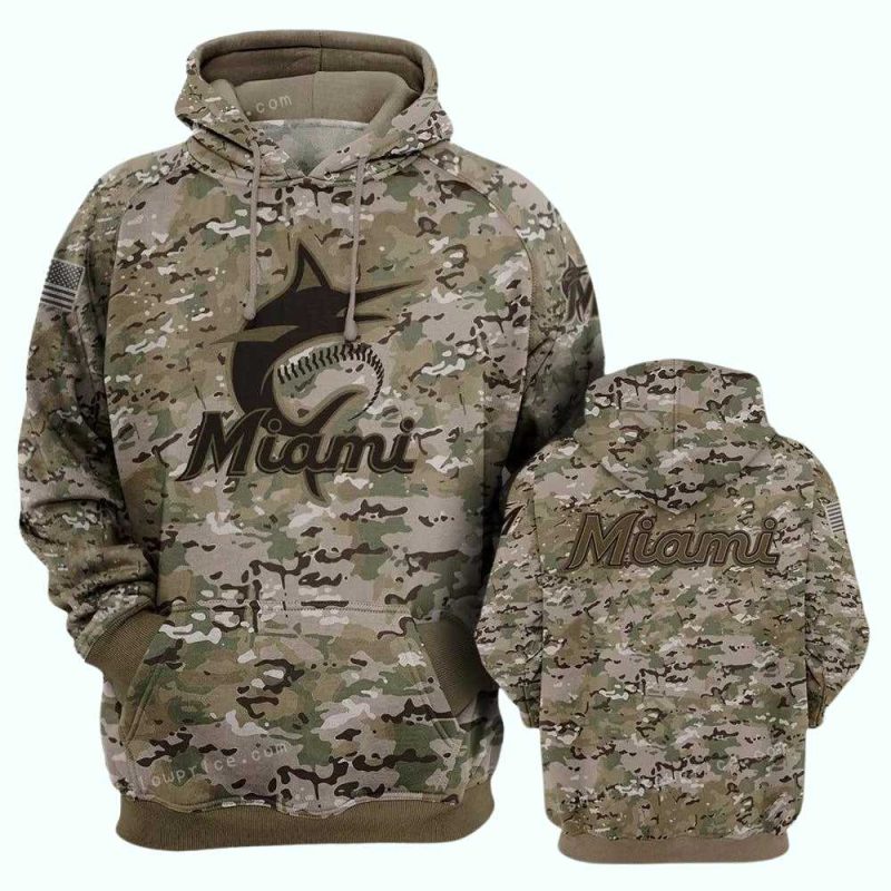 Miami Marlins Camo Style For Veteran Days AOP Hoodie 1