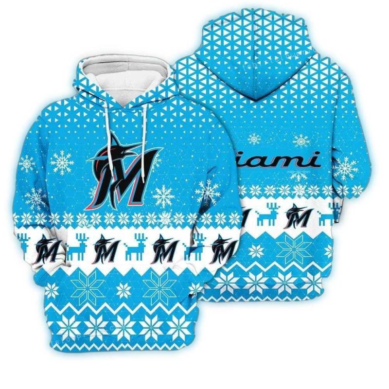 Miami Marlins Deer Snow Tree Pattern Christmas AOP Hoodie 1