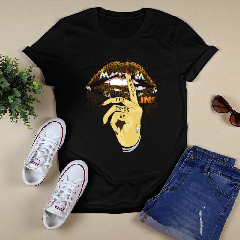 Miami Marlins Fans Glitter Lips Shut the F Up Bold Text Sports Visual T Shirt Black 1