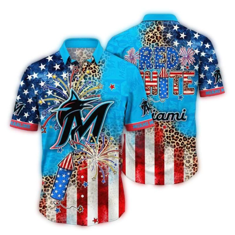 Miami Marlins Fireworks and Leopard Print Hawaiian Shirt 1