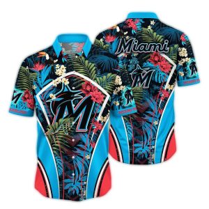 Miami Marlins Floral Leaf Pattern Hawaiian Shirt For Tropical Style