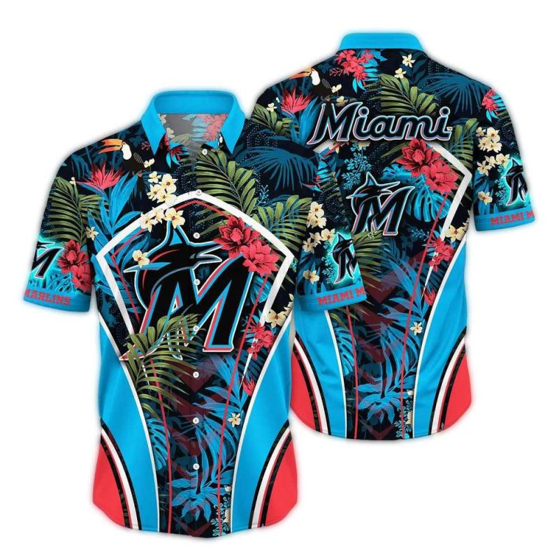Miami Marlins Floral Leafs Pattern Hawaiian Shirt 1