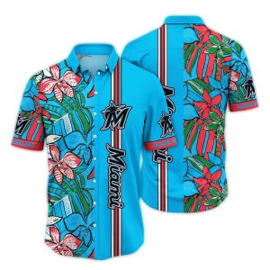 Vintage Miami Marlins Floral Leaf Stripe Hawaiian Shirt For Men