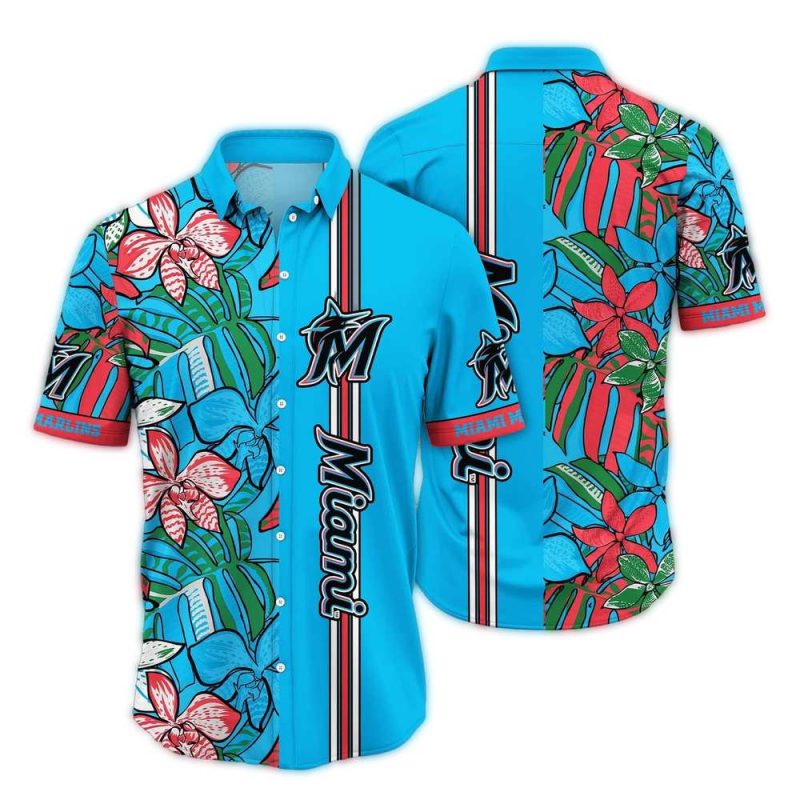 Miami Marlins Floral Leafs Stripe Vintage Hawaiian Shirt 1