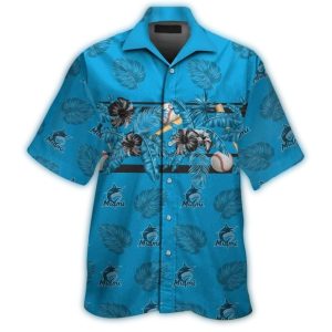 Miami Marlins Floral Leaves And Baseball Pattern Hawaiian Shirt