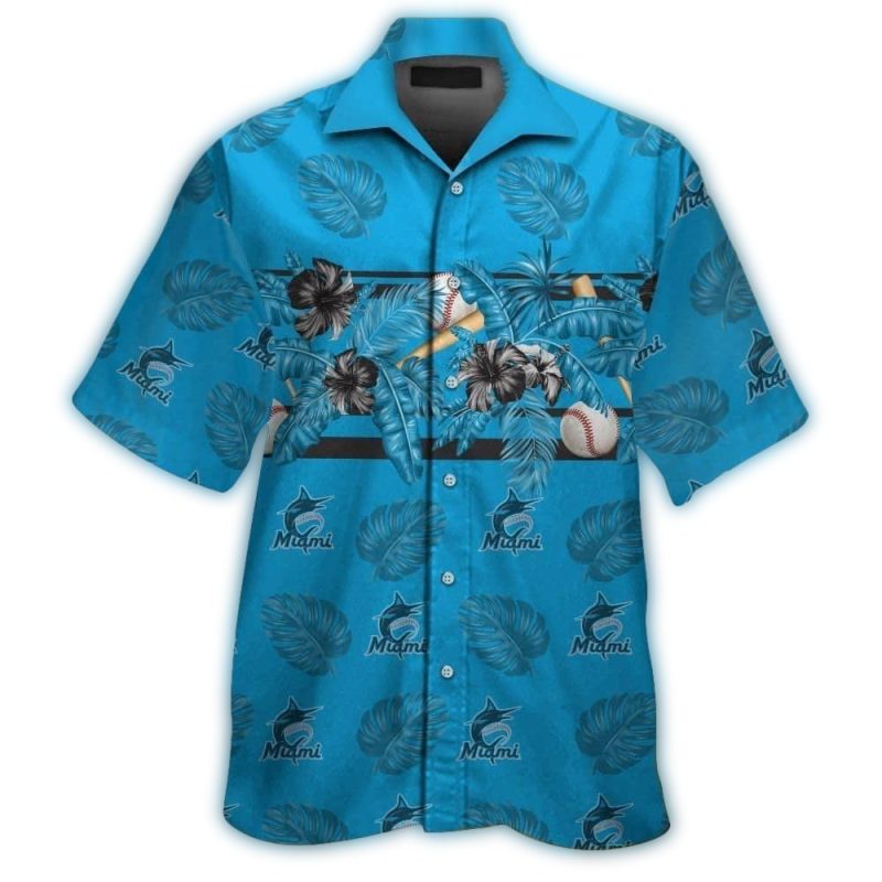 Miami Marlins Floral Leafs and Ball Pattern Hawaiian Shirt 1