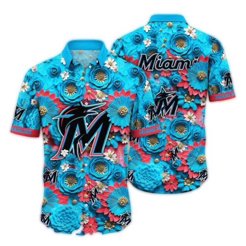 Miami Marlins Flower Blossom Pattern Hawaiian Shirt 1