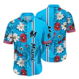 Miami Marlins Blue Hawaiian Shirt With Flower Blossom Stripes