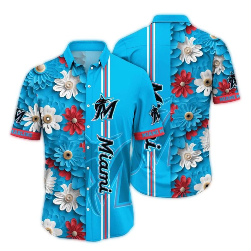 Miami Marlins Flower Blossom Stripe Blue Hawaiian Shirt 1