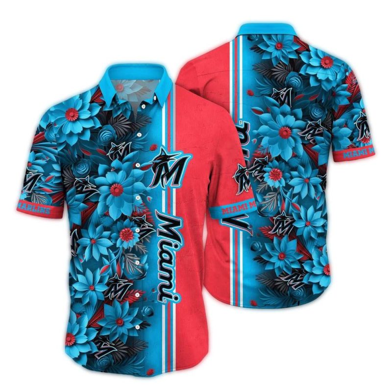Miami Marlins Flower Stripe Pattern Tropical Hawaiian Shirt 1