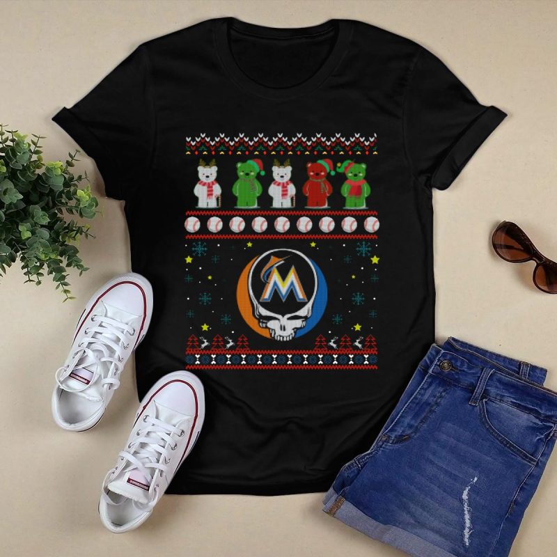 Miami Marlins Grateful Dead Bears Holiday Baseball Mashup T Shirt Black 1