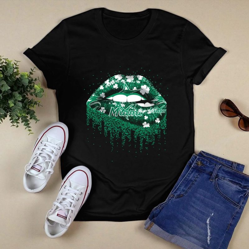 Miami Marlins Green Sparkling Shamrock Lips T Shirt Black 1
