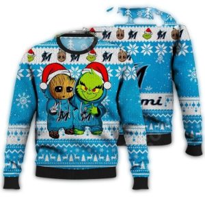 Miami Marlins Grinch & Groot Christmas Ugly Sweater For Holiday Cheer