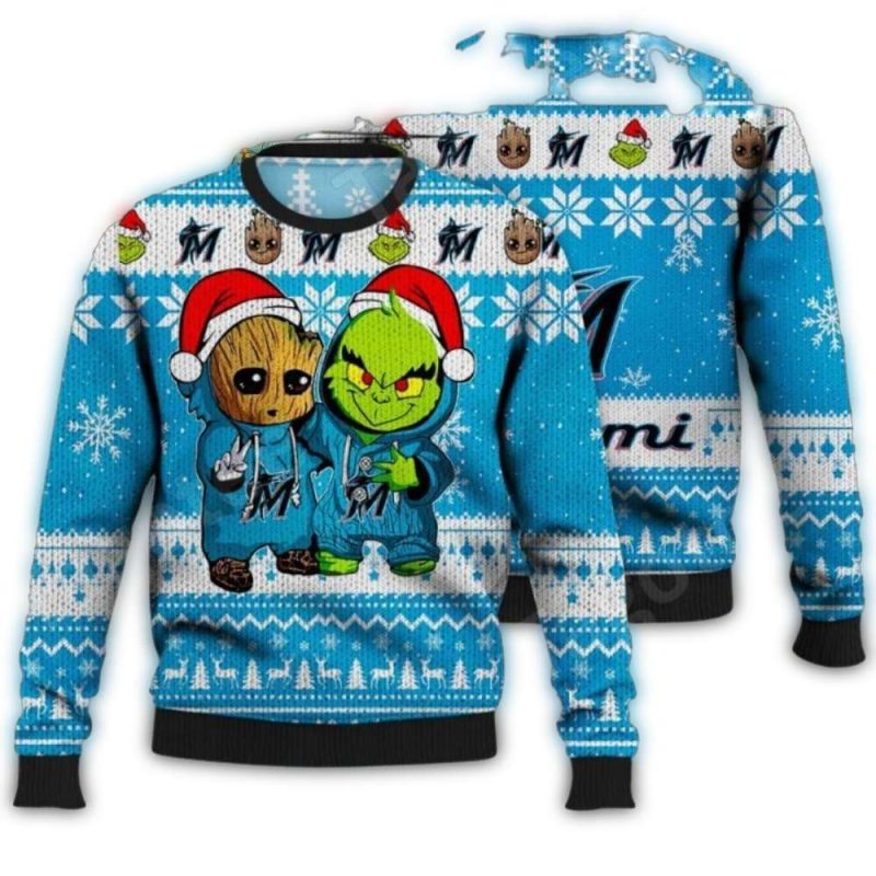 Miami Marlins Grinch And Groot Christmas Ugly Sweater 1