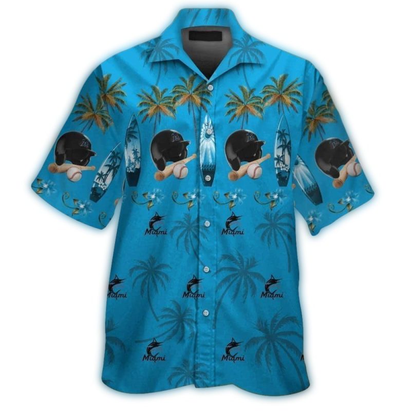 Miami Marlins Helmet Ball Bat and Surf Tropical Hawaiian Shirt 1