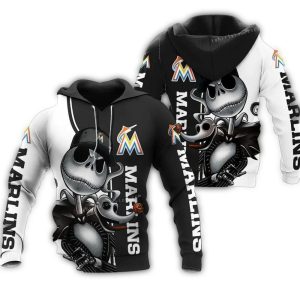 Jack Skellington & Zero All Over Print Hoodie | Miami Marlins Merchandise