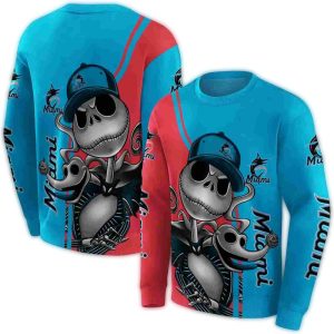 Jack Skellington & Zero Miami Marlins All-Over Print Sweatshirt