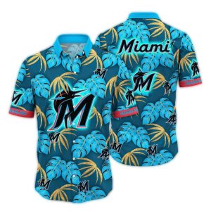 Vintage Miami Marlins Hawaiian Shirt With Leaf Pattern Design