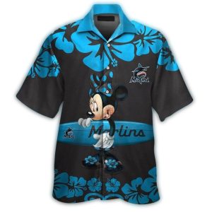 Tropical Hawaiian Shirt With Miami Marlins & Minnie Mouse Surf Flower Design