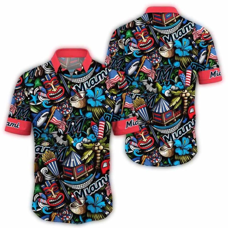Miami Marlins Patriotic Tiki Hawaiian Shirt 1
