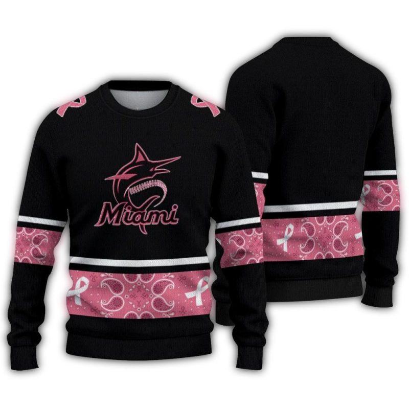 Miami Marlins Pink Ribbon Black Pink Ugly Sweater 1