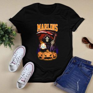 Miami Marlins Halloween T-Shirt - Reaper, Scythe & Pumpkin Trio Design