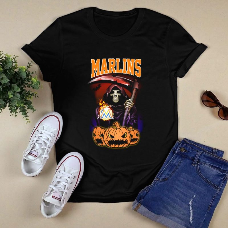Miami Marlins Reaper with Scythe and Pumpkin Trio Halloween T Shirt Black 1