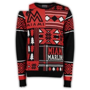 Miami Marlins Patchwork Ugly Sweater In Red And Black For Fans