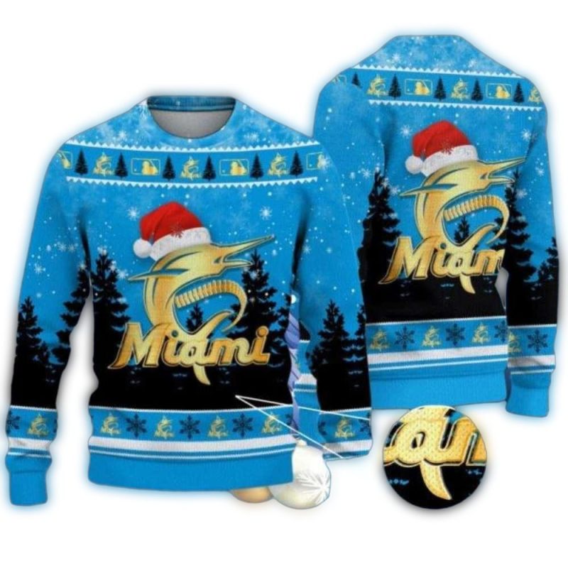 Miami Marlins Santa Hat Gold Ugly Sweater 1