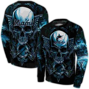 Miami Marlins Skull Artwork All-Over Print Sweatshirt For Fans