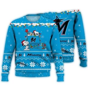 Snoopy Christmas Lights Miami Marlins Ugly Sweater For Holiday Cheer