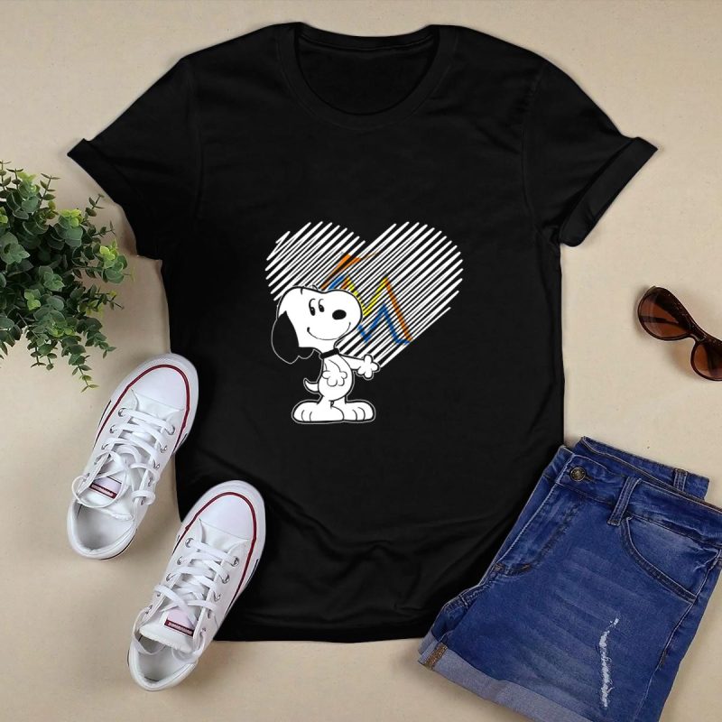 Miami Marlins Snoopy Heart Design with Classic Peanuts T Shirt Black 1