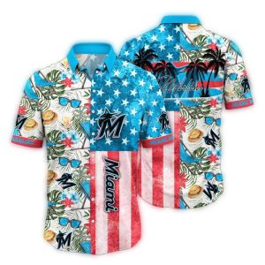 Miami Marlins Tropical Hawaiian Shirt With Stars And Stripes Design