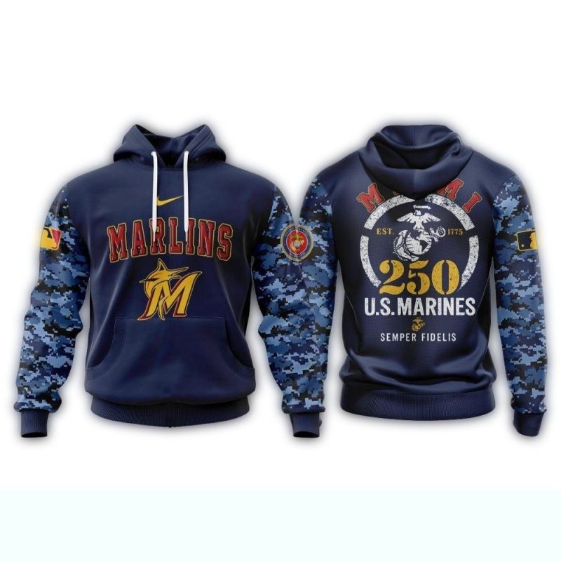 Miami Marlins USMC 250th Birthday AOP Hoodie 1
