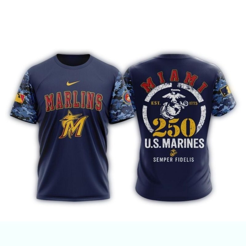 Miami Marlins USMC 250th Birthday AOP T Shirt 1