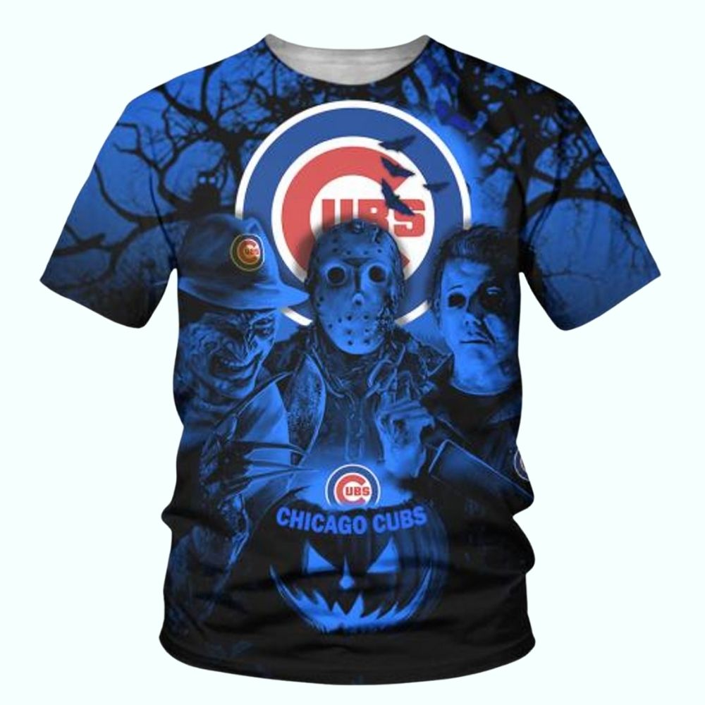 Michael Myers and Friends Horror With Logo Chicago Cubs 3D T Shirt 1