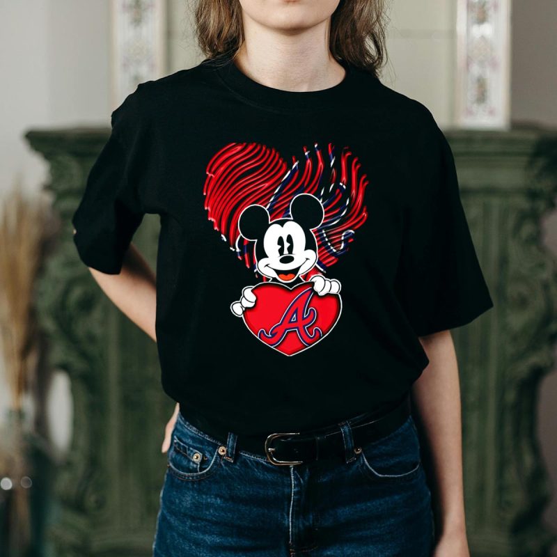Mickey Mouse Atlanta Braves Heart Graphic T-Shirt For Fans - Image 2