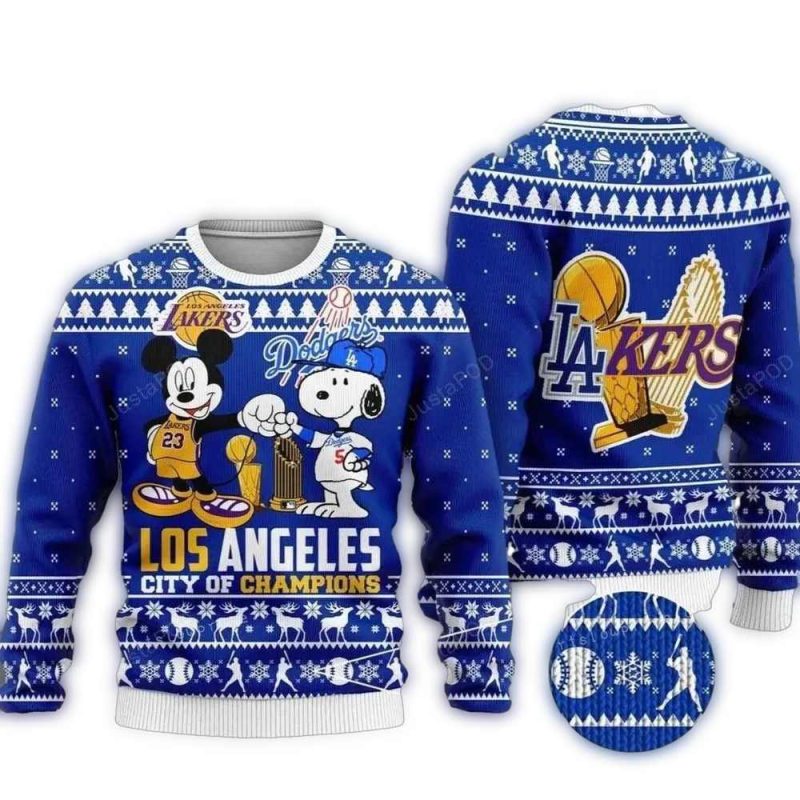 Mickey Mouse & Snoopy Los Angeles Lakers Dodgers Ugly Sweater
