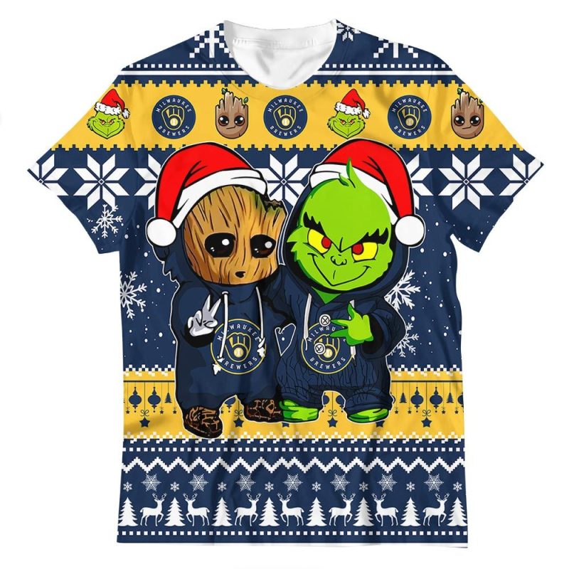 Milwaukee Brewers Baby Groot & Grinch Friends All Over Print T-Shirt - Image 2