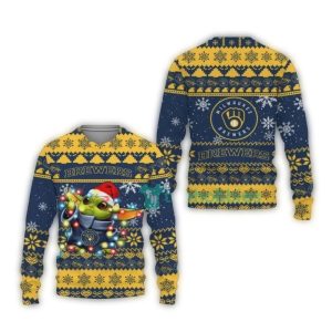 Milwaukee Brewers Baby Yoda Christmas Light Ugly Sweater