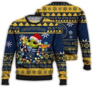 Milwaukee Brewers Baby Yoda Christmas Lights Ugly Sweater