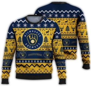 Milwaukee Brewers Blue And Yellow Deer Pattern Ugly Sweater