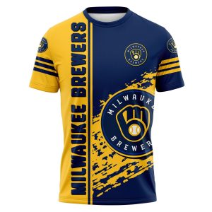 Milwaukee Brewers Grunge All Over Print T-Shirt in Yellow and Navy