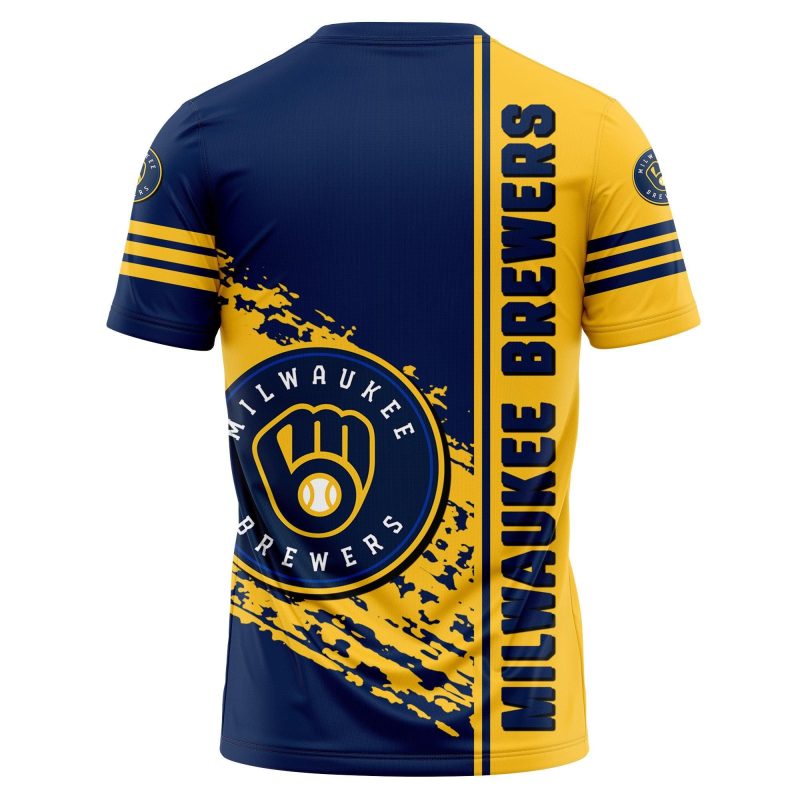 Milwaukee Brewers Grunge All Over Print T-Shirt in Yellow and Navy - Image 2