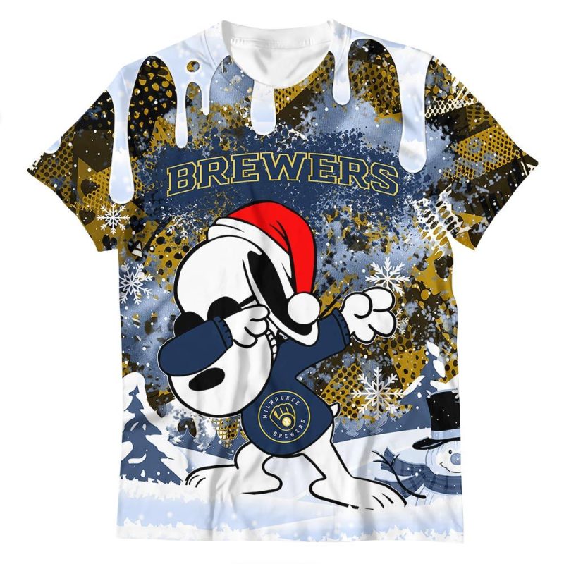 Milwaukee Brewers Snoopy Dabbing All Over Print T-Shirt for Fans - Image 2