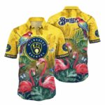 Milwaukee brewers flamingo and parrot floral hawaiian shirt 1.jpg