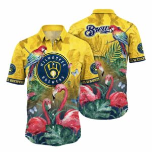 Milwaukee brewers flamingo and parrot floral hawaiian shirt 1.jpg