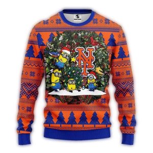 Minions New York Mets Christmas Wreath Ugly Holiday Sweater